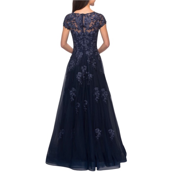 NWT La Femme Size 20 Navy Intricate Lace Long Tulle Gown Plus - Picture 2 of 12